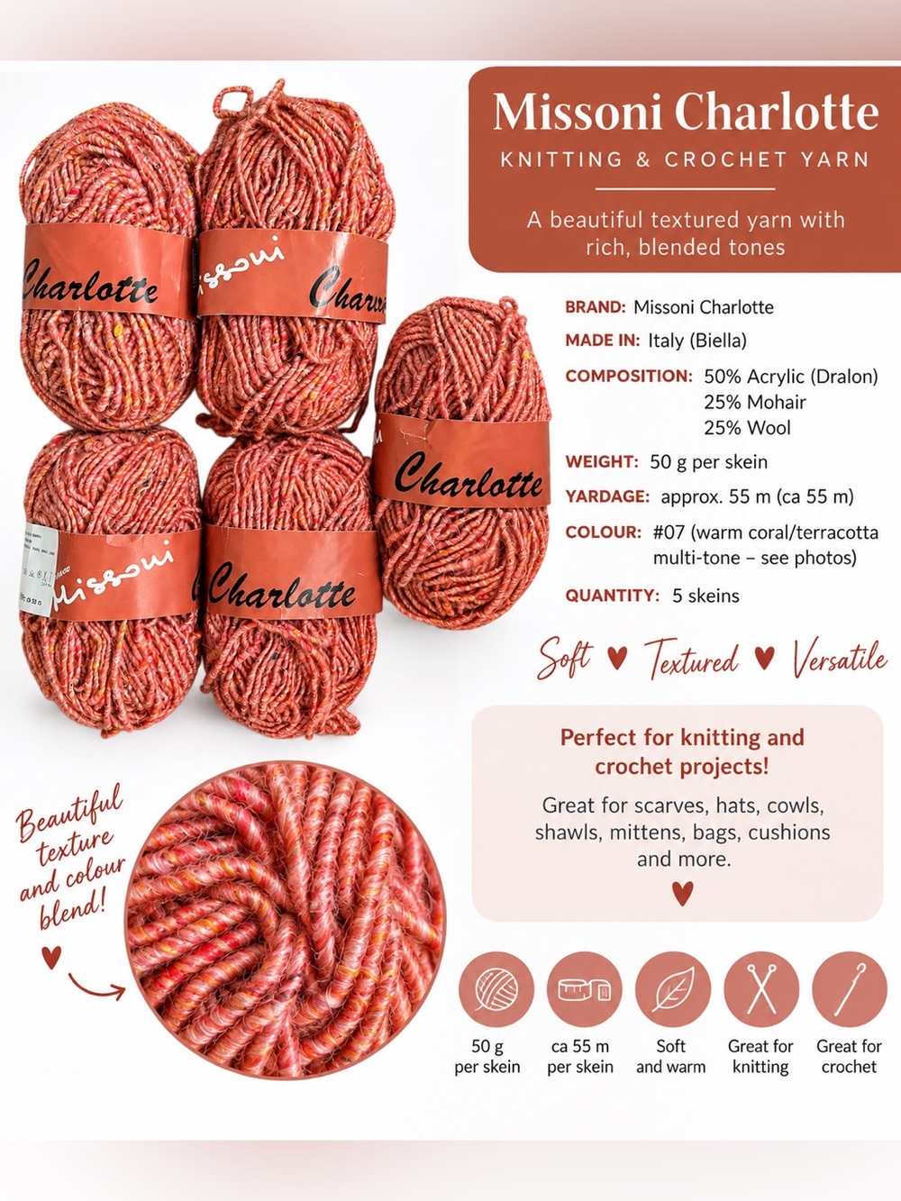 Rare Missoni Charlotte Designer Knitting Yarn - lot of 5 Skeins (made in Italy)